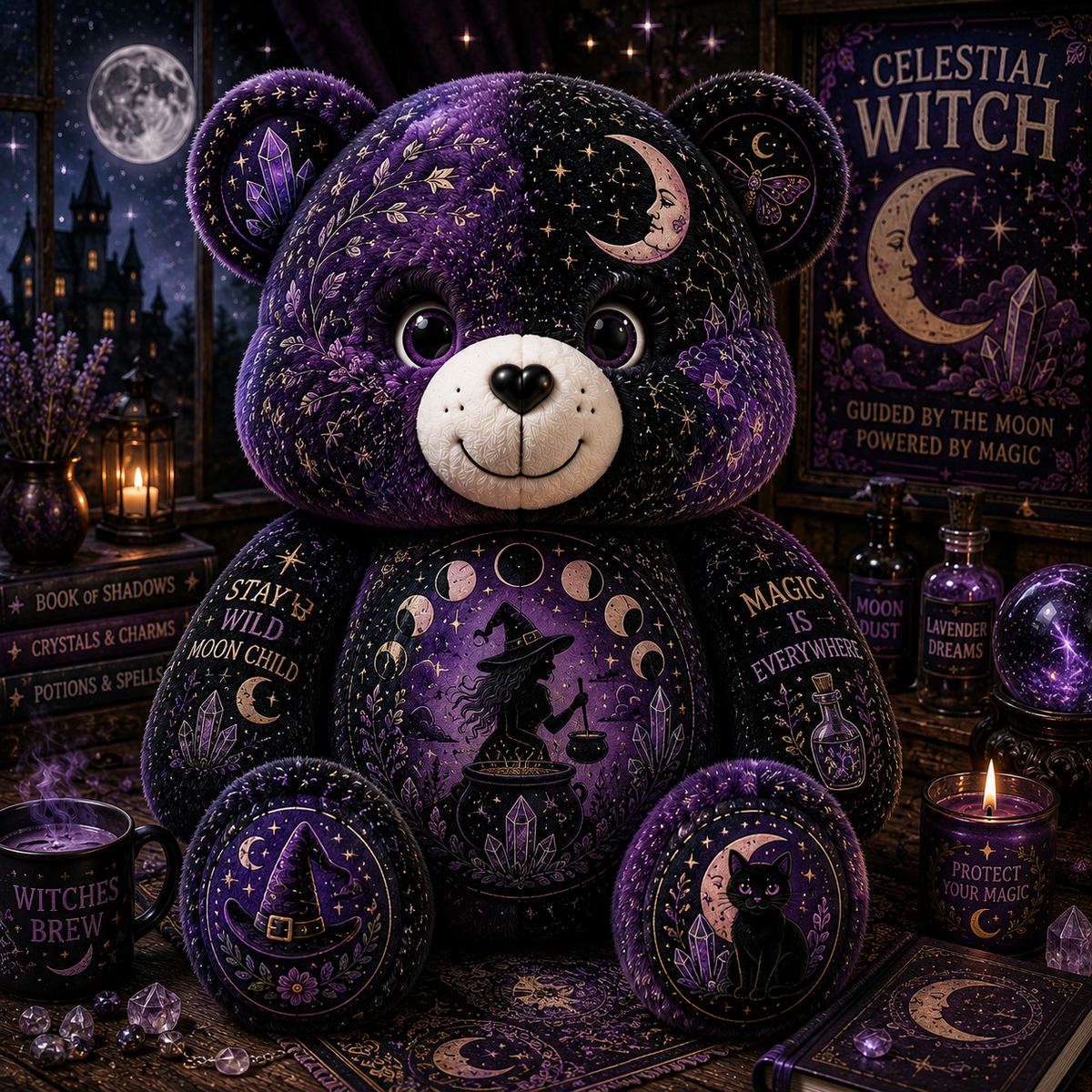 Celestial Witch Bear Custom Shaped Pillow – Moon Magic, Crystal & Black Cat Witchy Gift