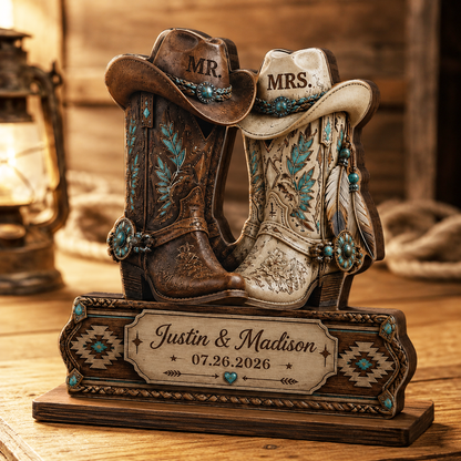 Personalized Cowboy Boots Wedding Plaque, Custom Mr & Mrs Western Couple Table Decor, Anniversary Keepsake Gift