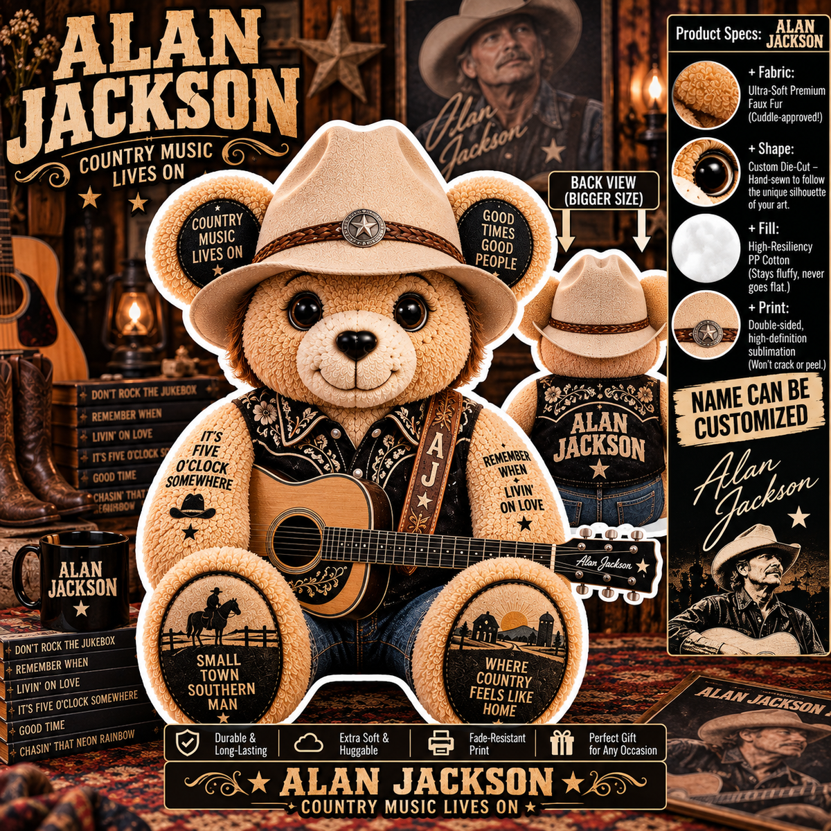 Alan Jackson Custom Shaped Bear Pillow – Unique Gift for Classic Music Lovers