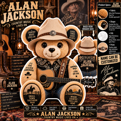 Alan Jackson Custom Shaped Bear Pillow – Unique Gift for Classic Music Lovers
