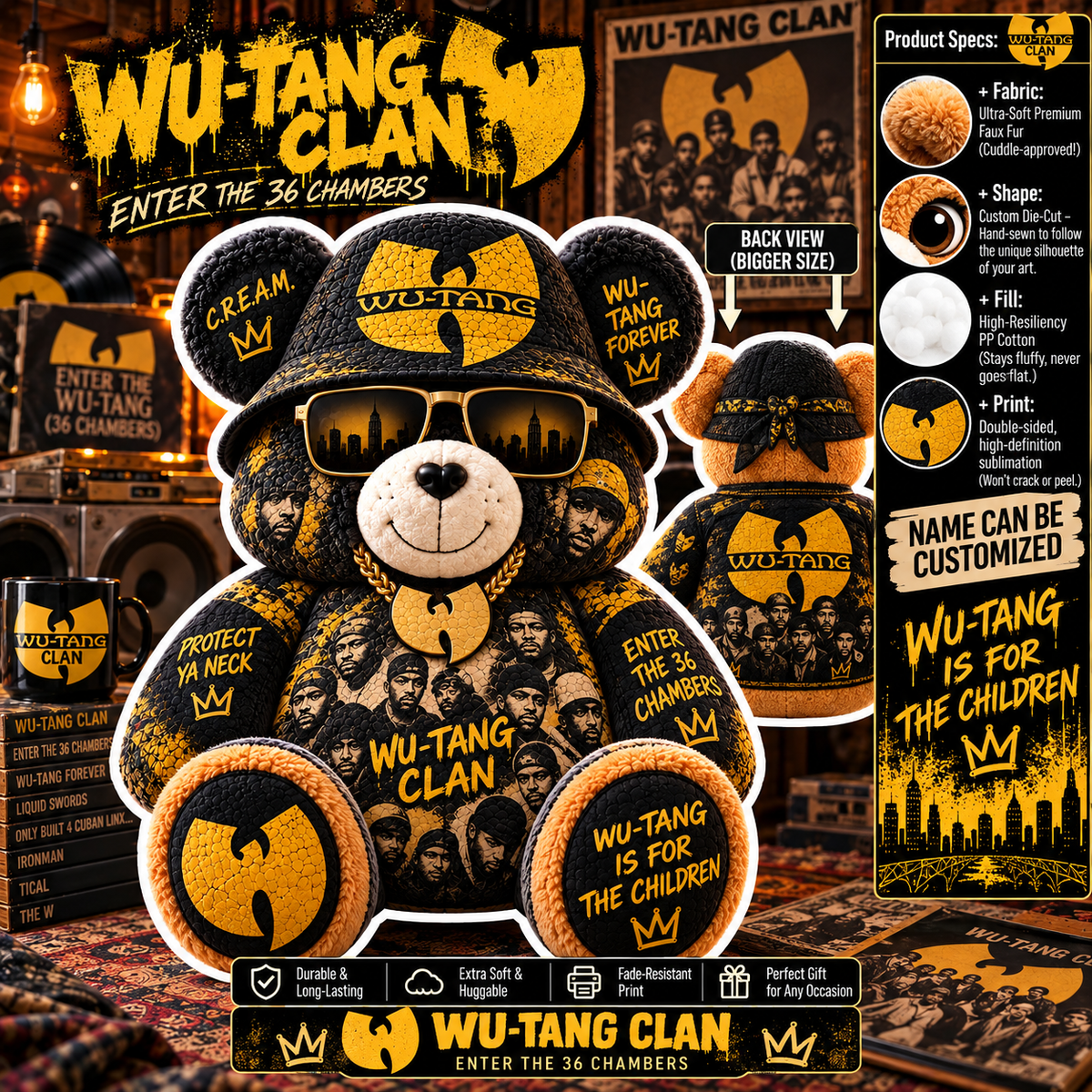Wu-Tang Clan Custom Shaped Bear Pillow – Unique Gift for Wu-Tang Clan Fans & 90s Hip-Hop Lovers