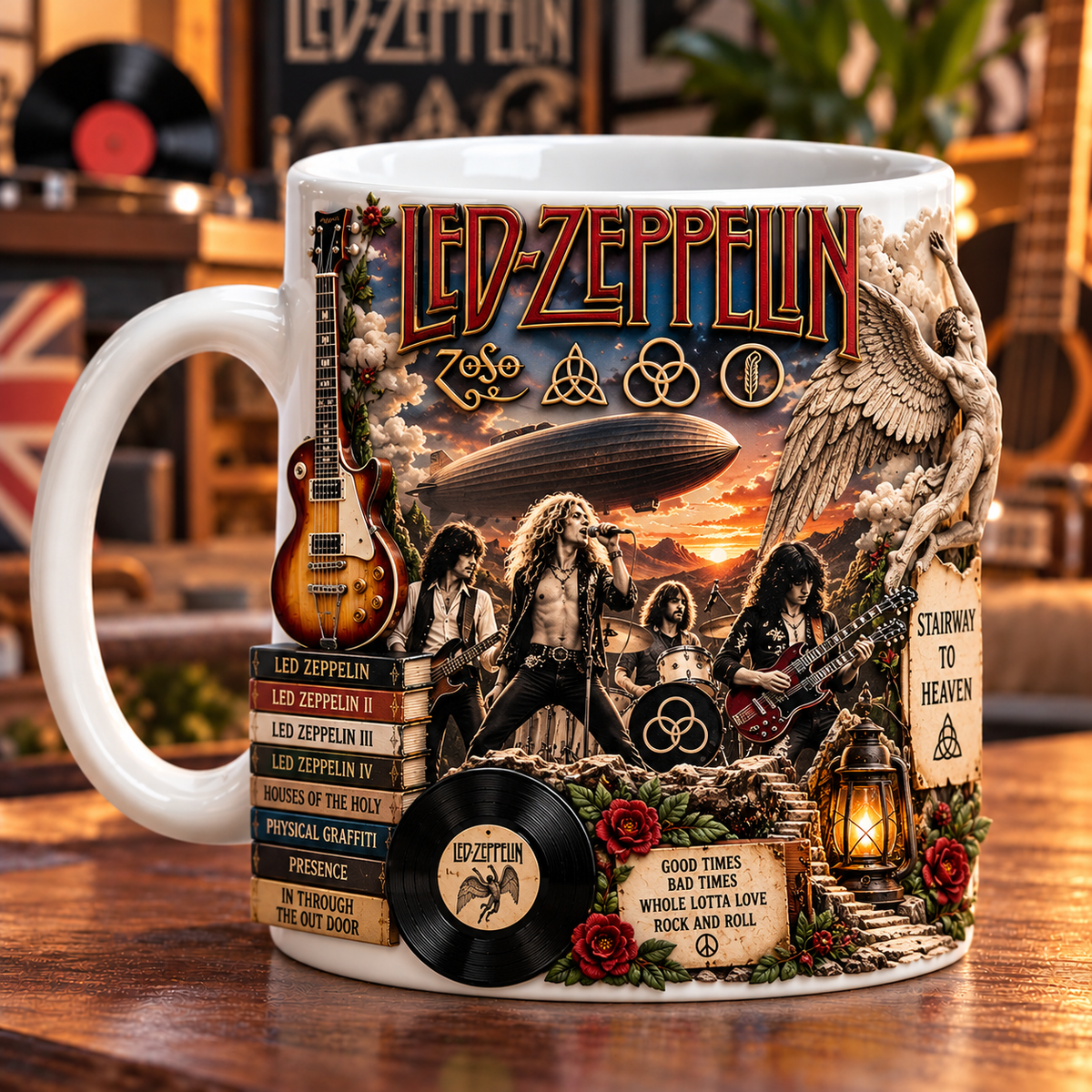 Led Zeppelin Edge-to-Edge White Mug – Classic Rock Inspired Gift Featuring Stairway to Heaven
