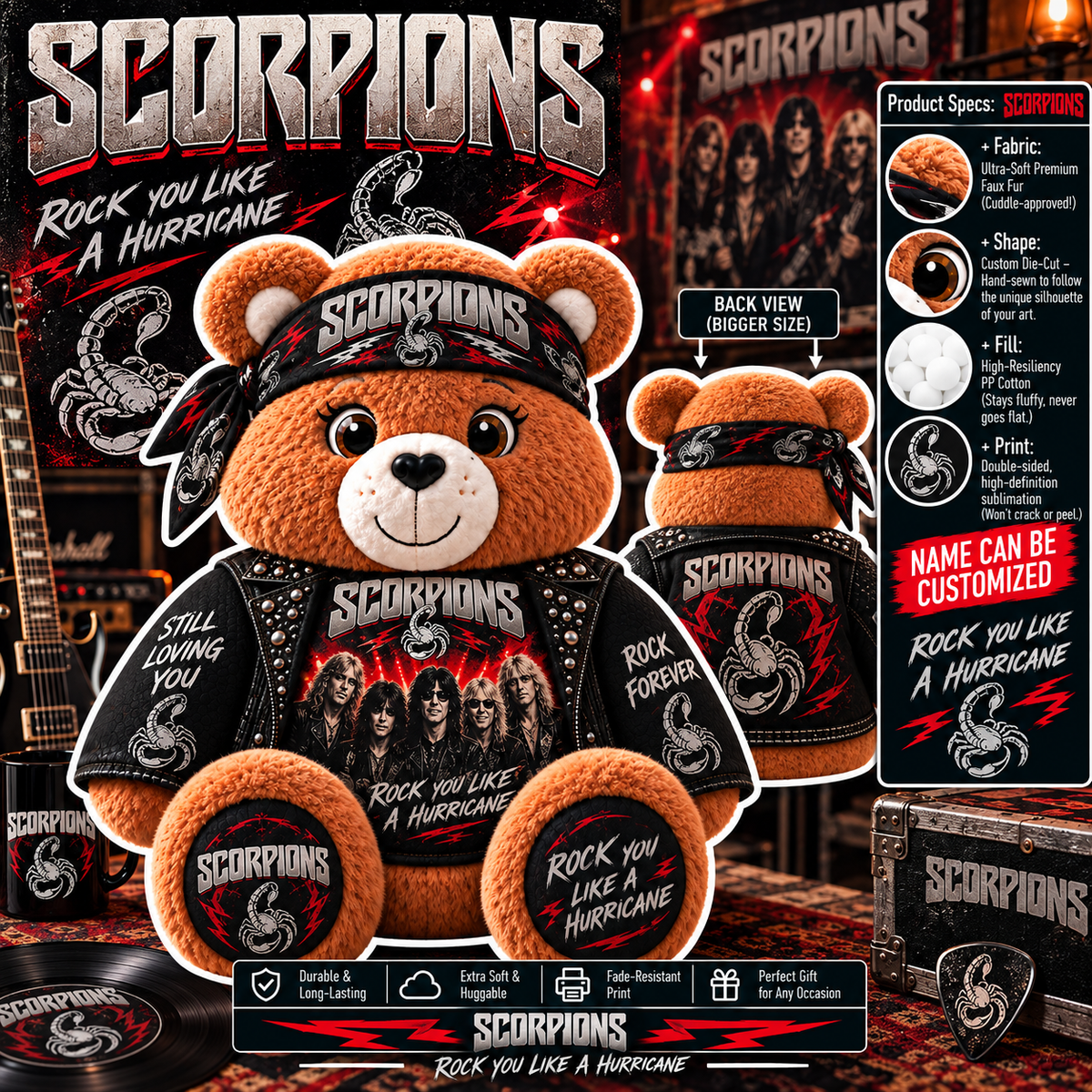 Scorpions Custom Shaped Bear Pillow – Unique Gift for Scorpions Fans & Classic Rock Lovers