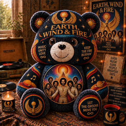 Earth, Wind & Fire Custom Shaped Bear Pillow – Unique Gift for Classic Music Lovers
