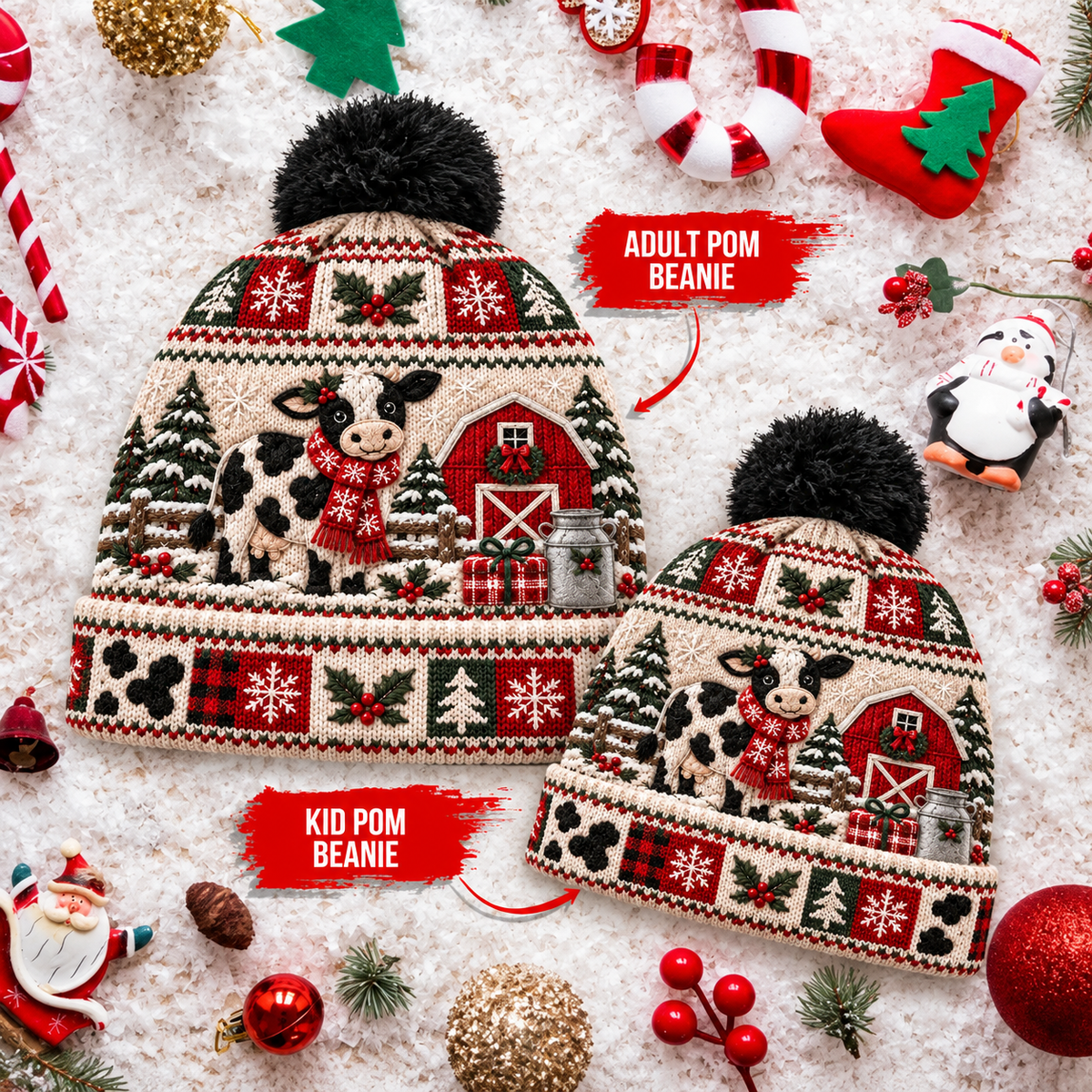 Farmhouse Christmas Cow Beanie Hat