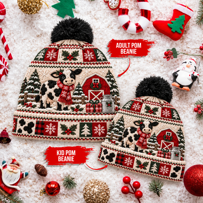 Farmhouse Christmas Cow Beanie Hat