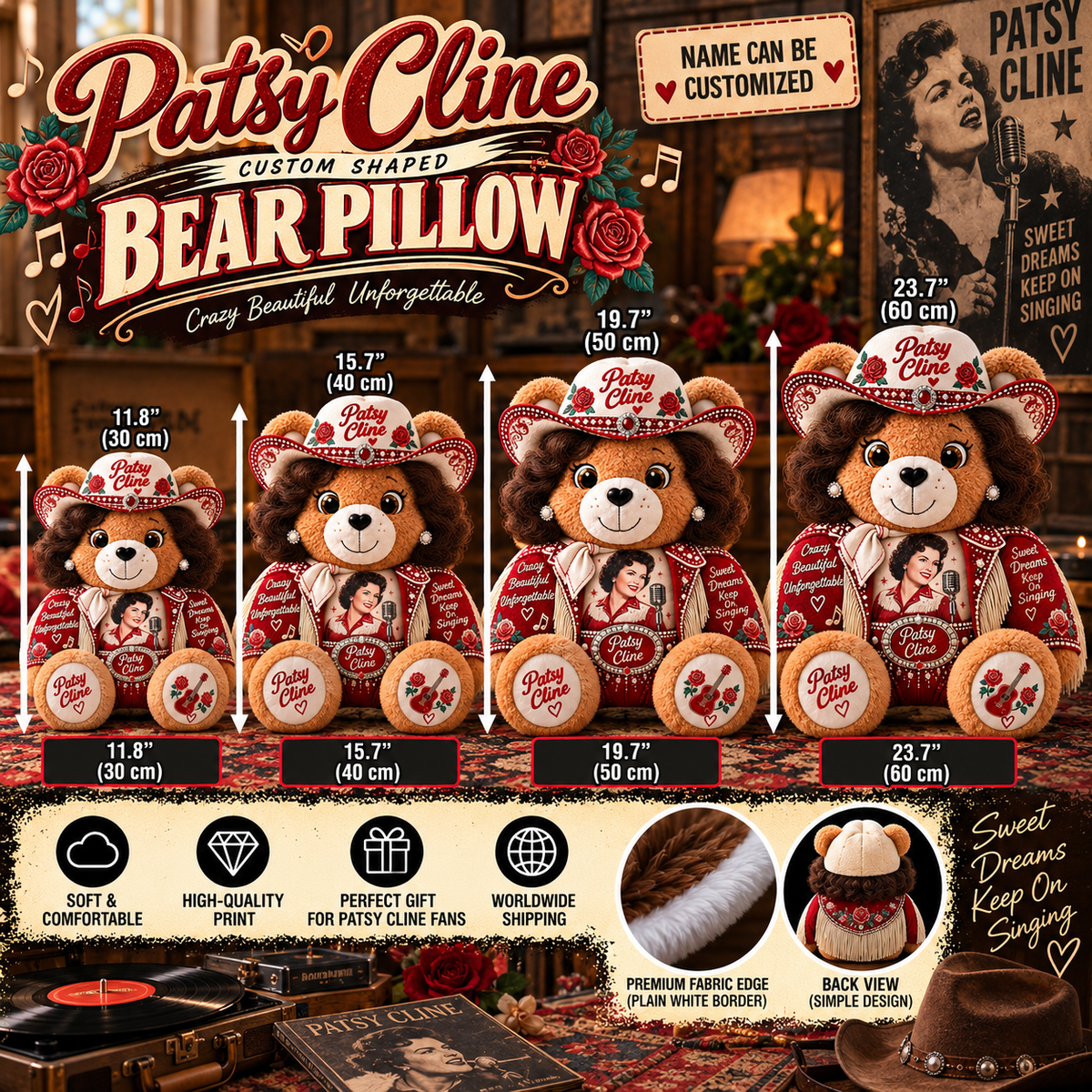 Patsy Cline Custom Shaped Bear Pillow – Unique Gift for Patsy Cline Fans & Vintage Country Music Lovers