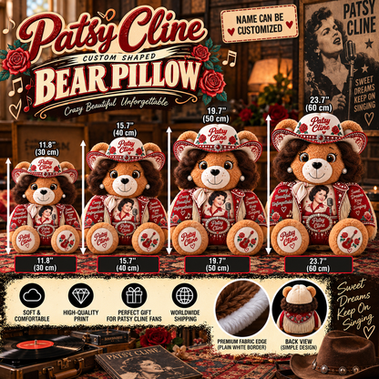 Patsy Cline Custom Shaped Bear Pillow – Unique Gift for Patsy Cline Fans & Vintage Country Music Lovers