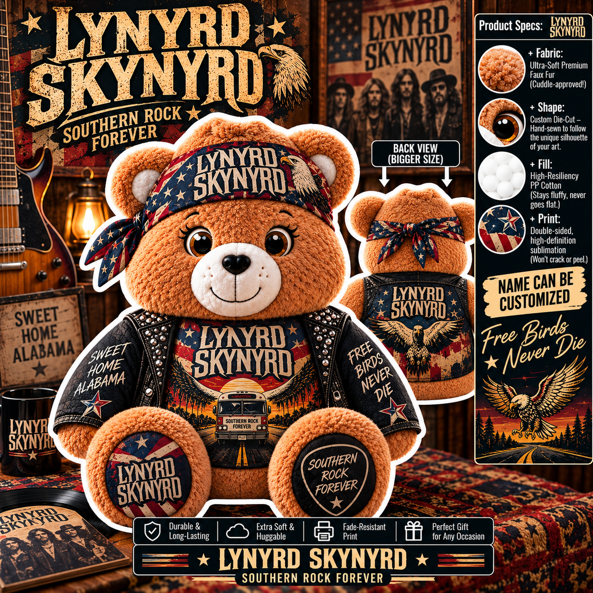 Lynyrd Skynyrd Custom Shaped Bear Pillow – Unique Gift for Classic Music Lovers