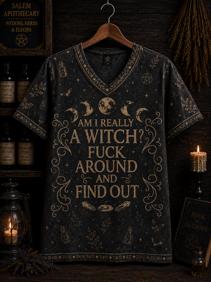 Funny Witch V-Neck Shirt, Fuck Around And Find Out Witch Tee, Gothic Salem Witch Shirt, Witchy Halloween Gift