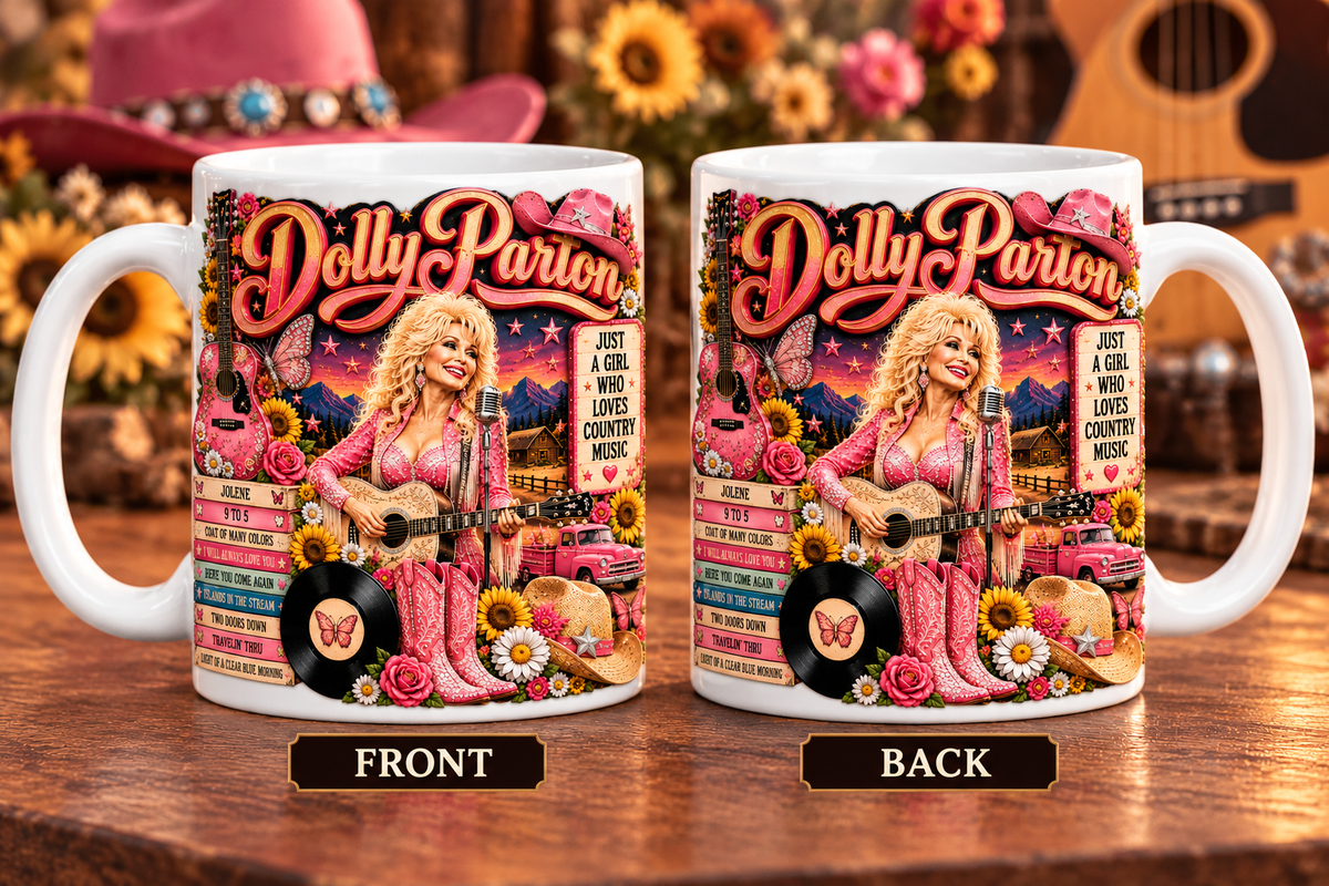 Dolly Parton Edge-to-Edge White Mug – Country Music Inspired Gift Featuring Jolen