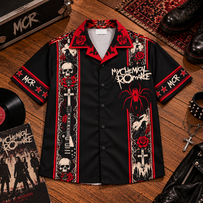 My Chemical Romance Hawaiian Shirt – Gothic Emo Rock Inspired Gift Featuring The Black Parade, Red Roses, Skulls & Iconic MCR Symbols.