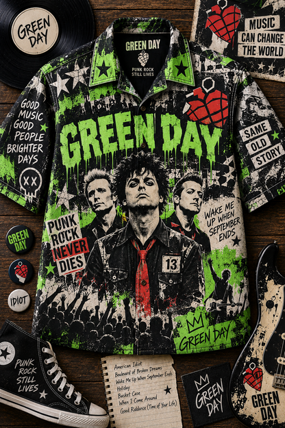 Green Day Hawaiian Shirt  - Vintage Music Fan Gift