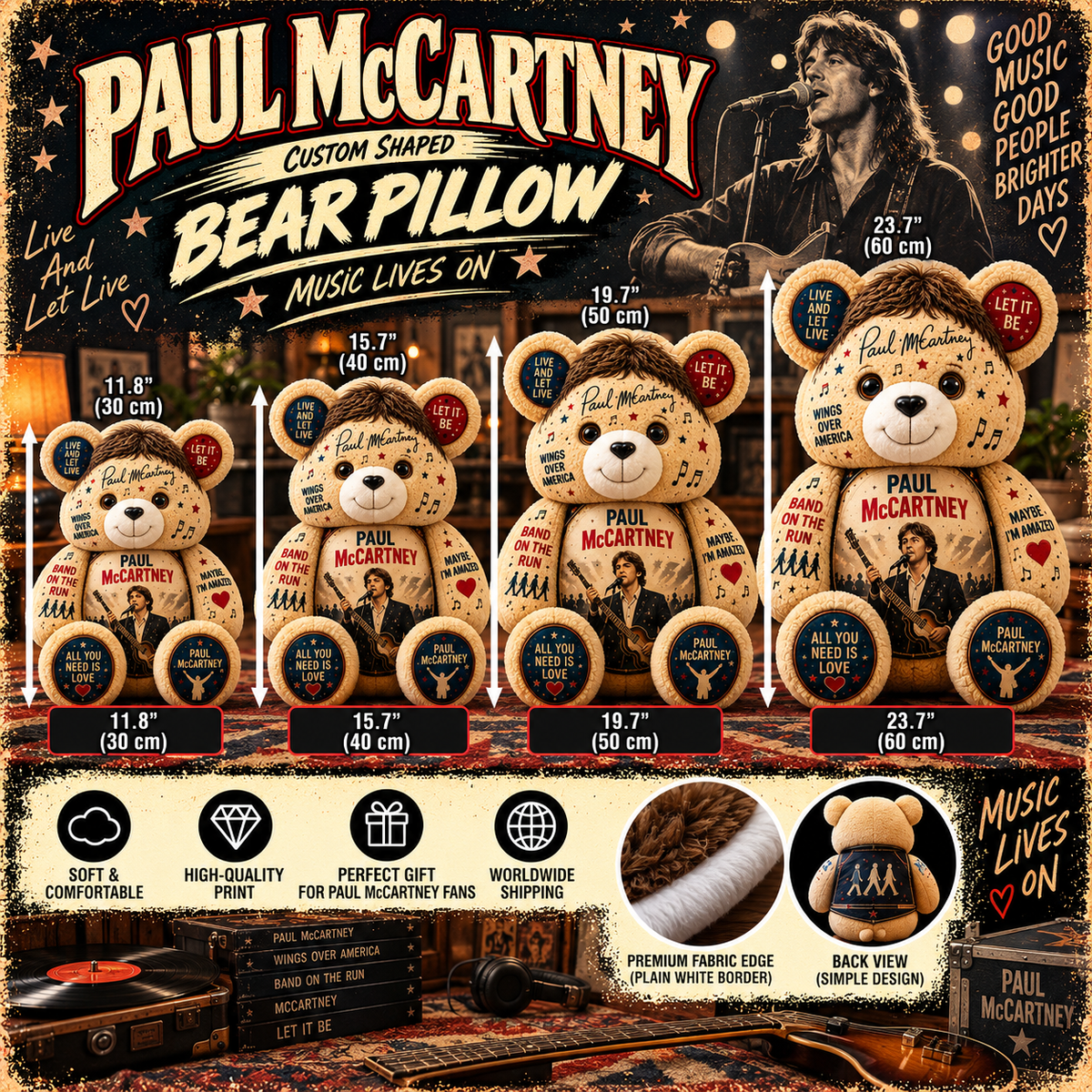 Paul McCartney Custom Shaped Bear Pillow – Unique Gift for Classic Music Lovers