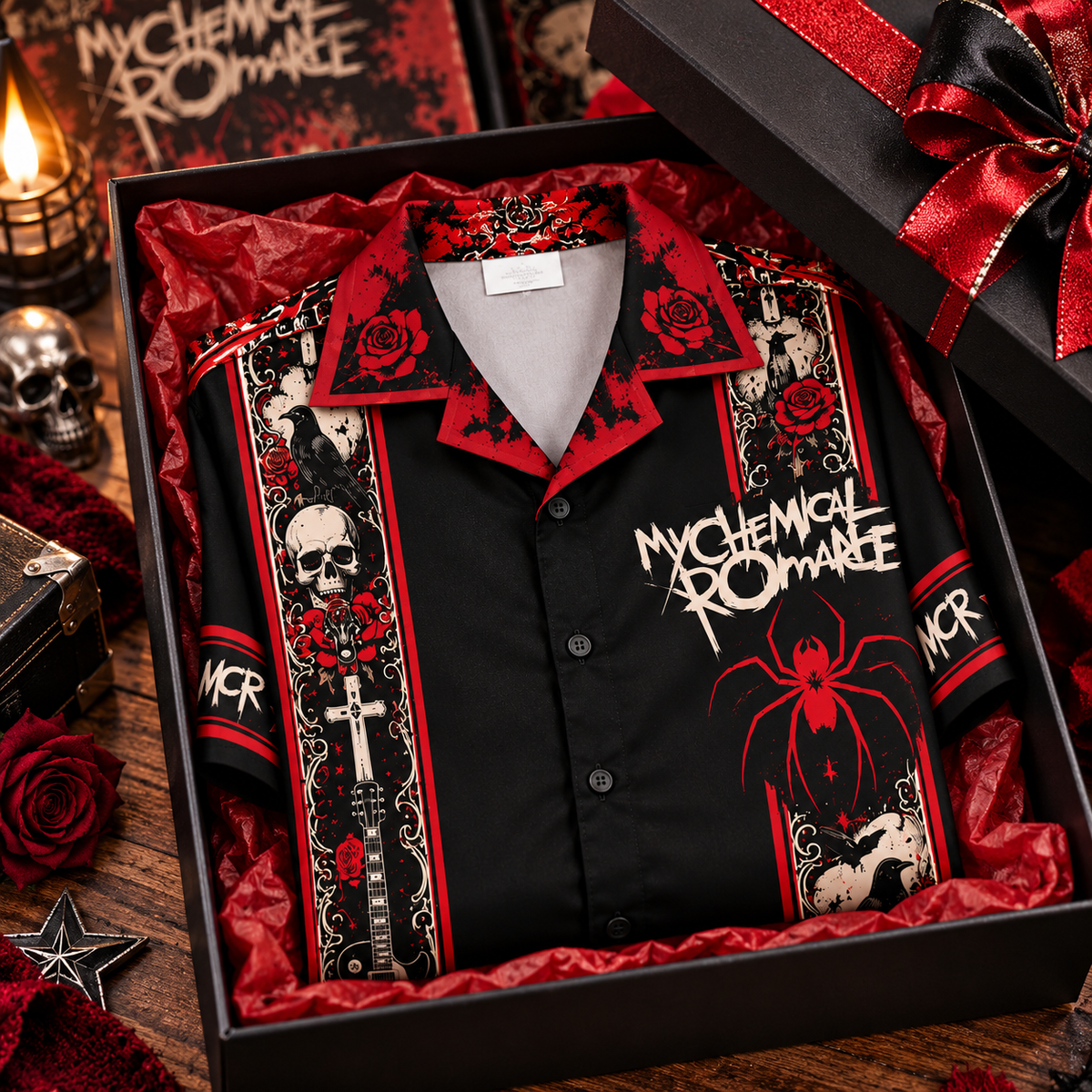 My Chemical Romance Hawaiian Shirt – Gothic Emo Rock Inspired Gift Featuring The Black Parade, Red Roses, Skulls & Iconic MCR Symbols.