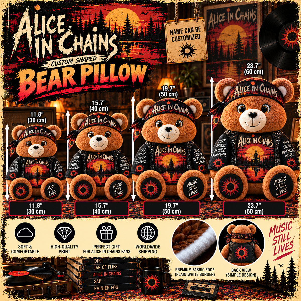 Alice in Chains Custom Shaped Bear Pillow – Unique Gift for Alice in Chains Fans & Grunge Rock Lovers