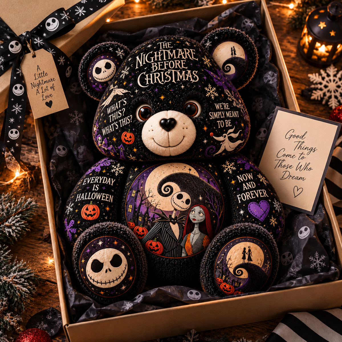 The Nightmare Before Christmas Bear Custom Shaped Pillow – Jack & Sally Halloween Fan Gift, Pumpkin King Gothic Christmas Collectible