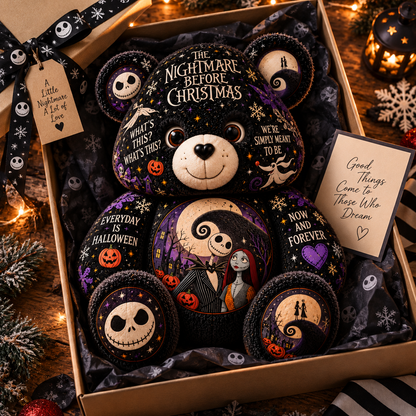 The Nightmare Before Christmas Bear Custom Shaped Pillow – Jack & Sally Halloween Fan Gift, Pumpkin King Gothic Christmas Collectible