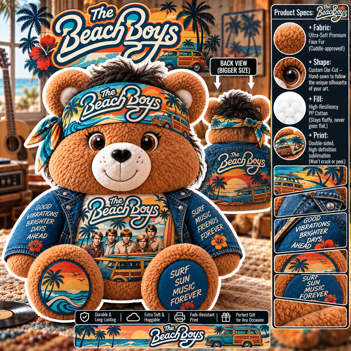 The Beach Boys Custom Shaped Bear Pillow – Unique Gift for Classic Music Lovers