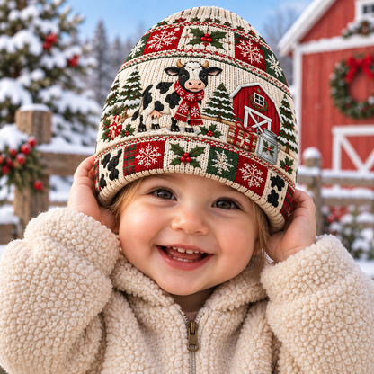 Farmhouse Christmas Cow Beanie Hat