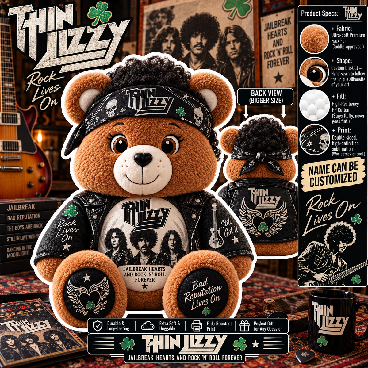 Thin Lizzy Custom Shaped Bear Pillow – Unique Gift for Thin Lizzy Fans & Classic Rock Lovers