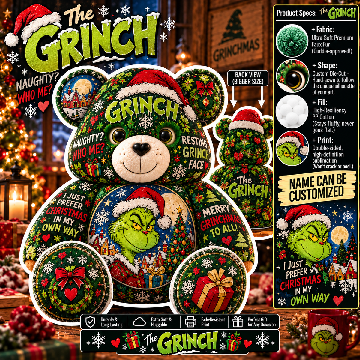 Grinch Christmas Custom Shaped Bear Pillow – Funny Grinchmas Teddy Bear, Festive Holiday Plush Pillow & Unique Christmas Gift for Grinch Lovers
