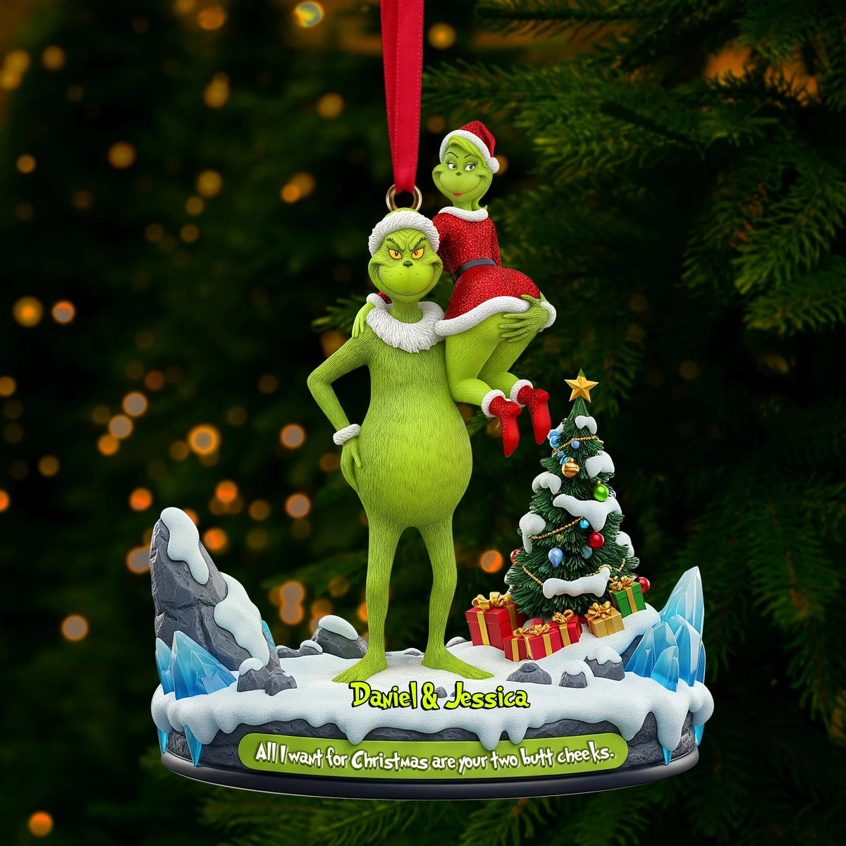 Hugging Green Monster Couple - Personalized Couple Ornament