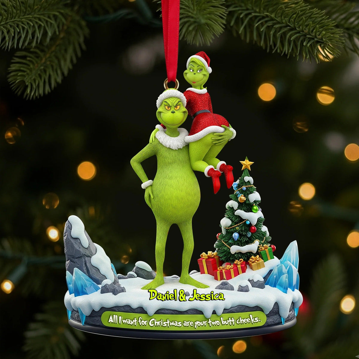 Hugging Green Monster Couple - Personalized Couple Ornament