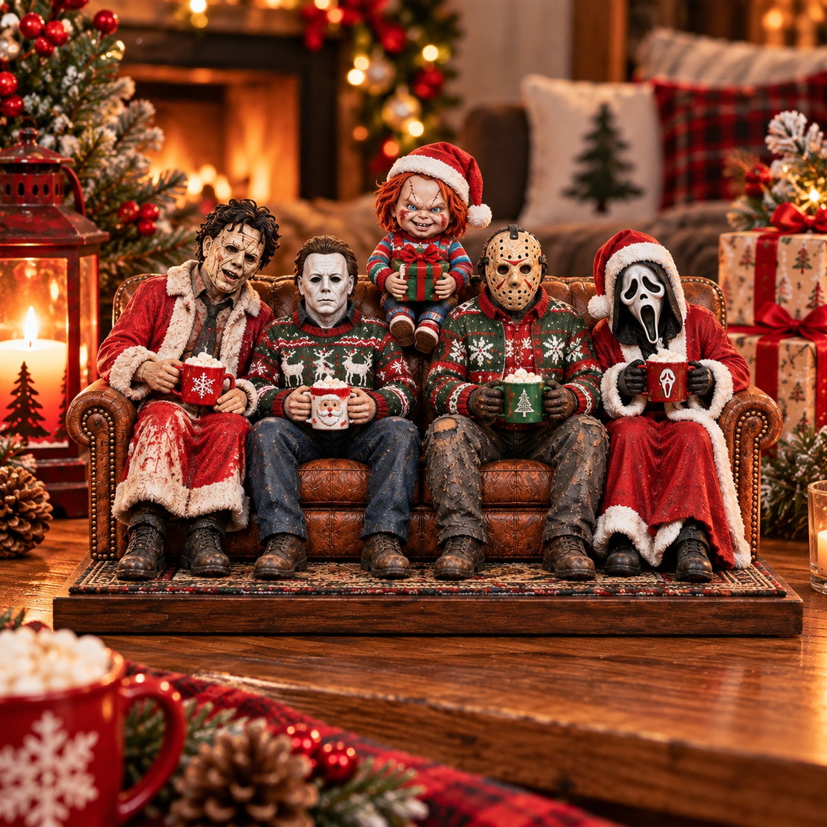 Horror Movie Killers Cozy Christmas Wooden Block Sign, Spooky Holiday Characters Wood Decor