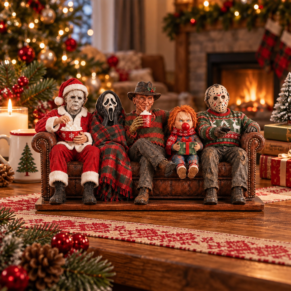 Horror Movie Killers Cozy Christmas Wooden Block Sign, Spooky Holiday Characters Wood Decor