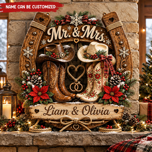 Personalized Cowboy & Cowgirl Boots Christmas Wood Sign, Country Wedding Keepsake