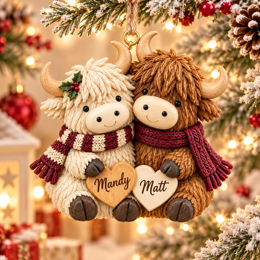 Personalized Highland Cow Christmas Ornament - Custom Couple Name Christmas Tree Hanging Decoration