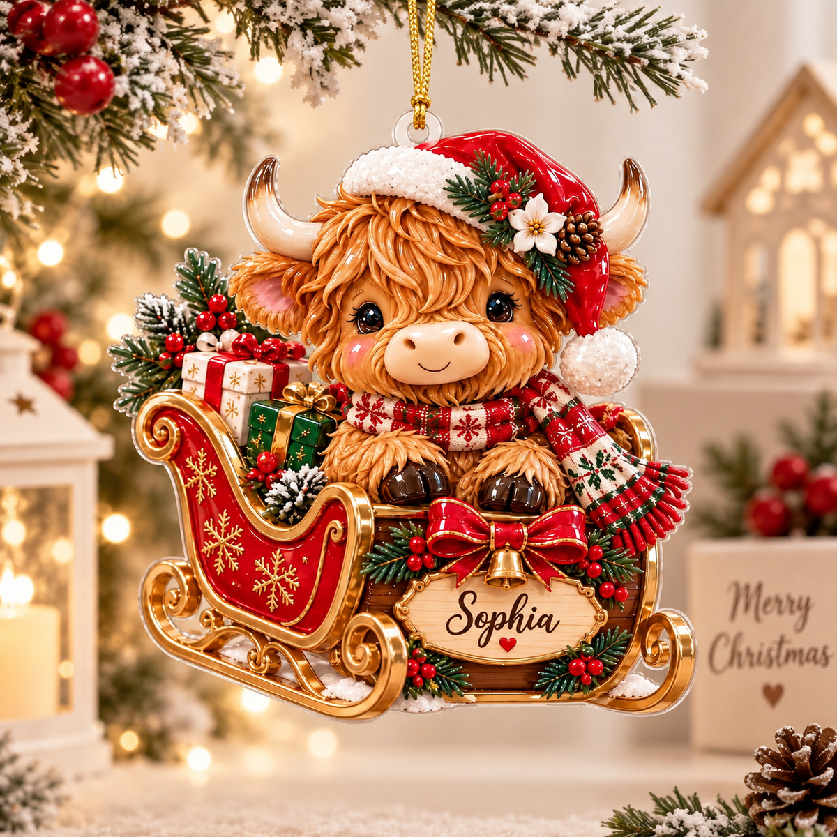 Custom Highland Cow Sleigh Acrylic Ornament, Personalized Name Christmas Decor, Farmhouse Gift