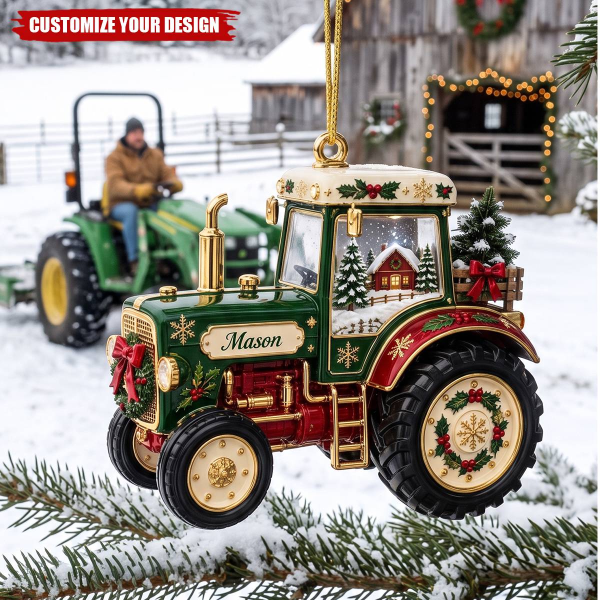Personalized Tractor Christmas Ornament, Custom Name Green Tractor Holiday Tree Decor