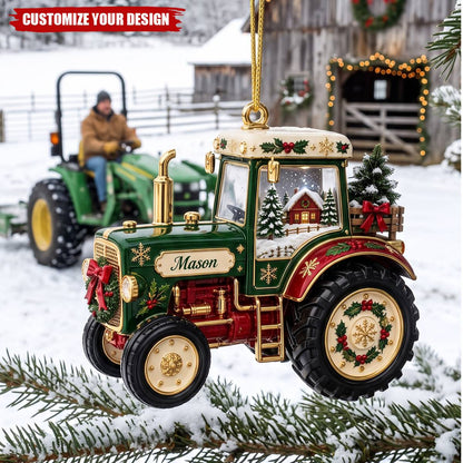 Personalized Tractor Christmas Ornament, Custom Name Green Tractor Holiday Tree Decor