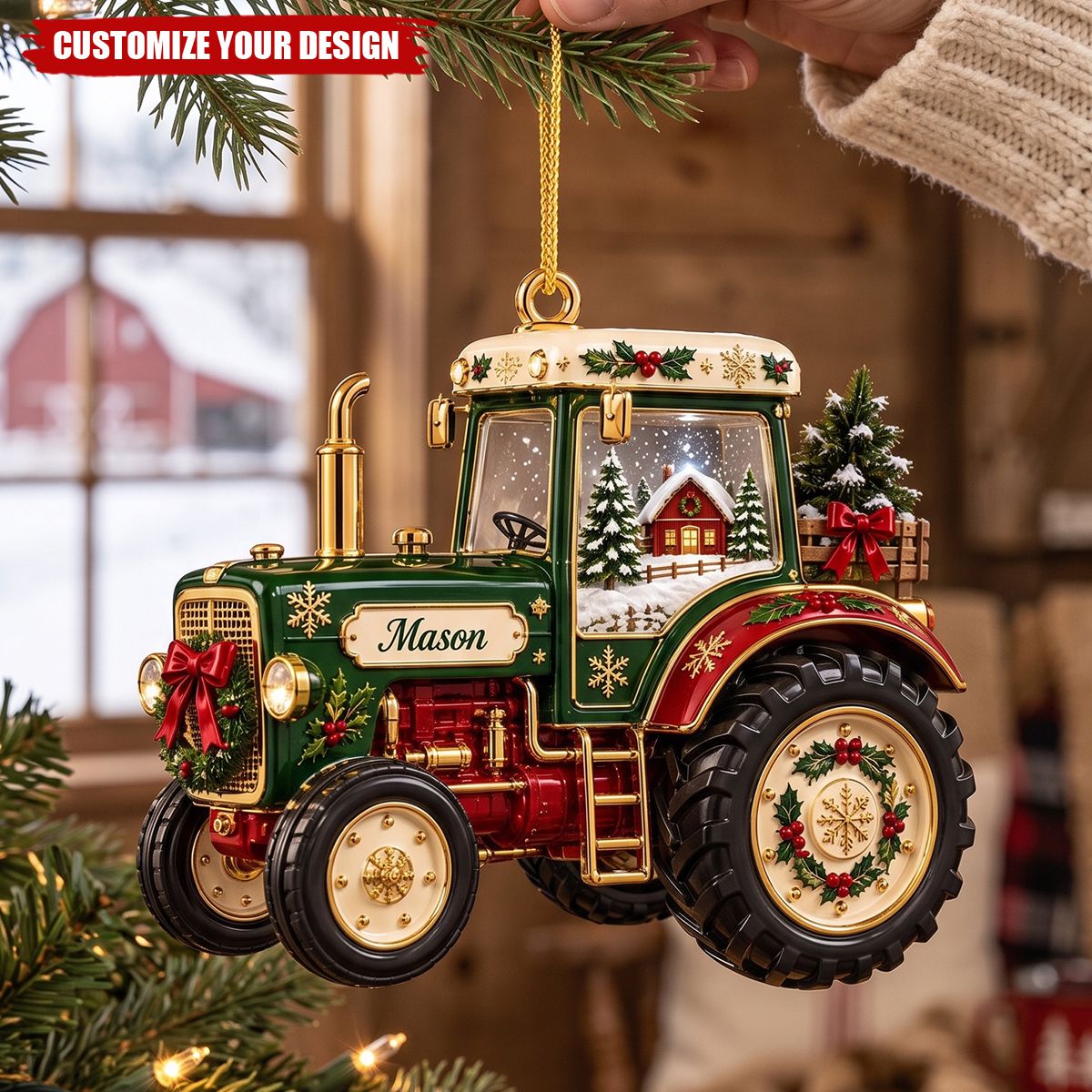 Personalized Tractor Christmas Ornament, Custom Name Green Tractor Holiday Tree Decor