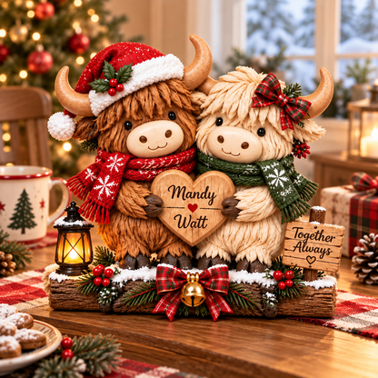 Personalized Highland Cow Couple Christmas Wooden Block