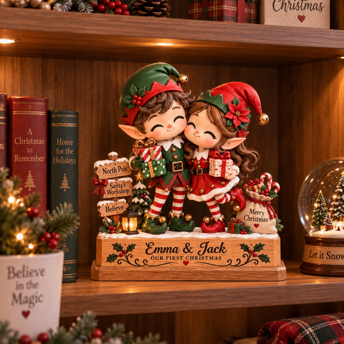 Personalized Christmas Elf Couple Decor, Our First Christmas Gift, Custom Couple Name Holiday Tabletop Block