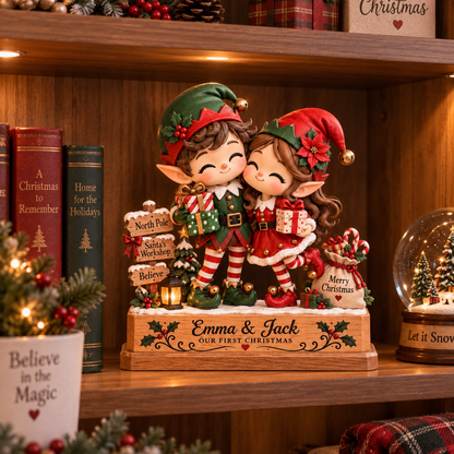 Personalized Christmas Elf Couple Decor, Our First Christmas Gift, Custom Couple Name Holiday Tabletop Block