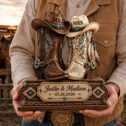 Personalized Cowboy Boots Wedding Plaque, Custom Mr & Mrs Western Couple Table Decor, Anniversary Keepsake Gift