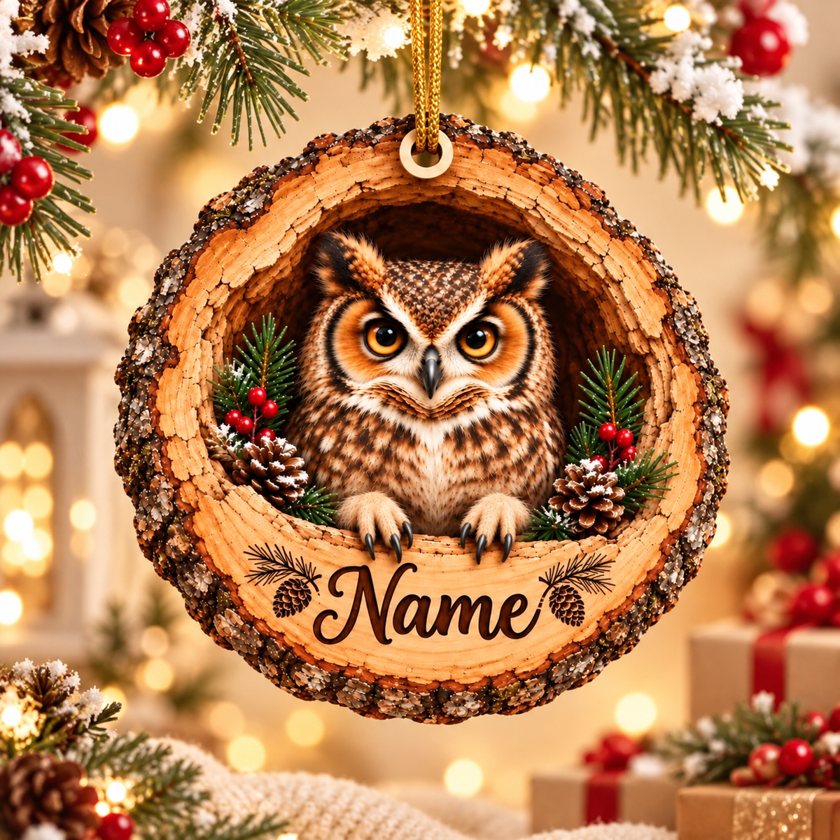 Personalized Owl Wood Slice Christmas Ornament, Wildlife Animal Lover Gift