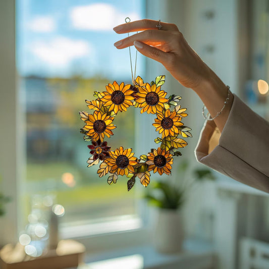 Sunflower Wreath-Shaped Floral Acrylic Window, Hanging Decor