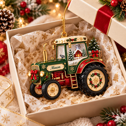 Personalized Tractor Christmas Ornament, Custom Name Green Tractor Holiday Tree Decor