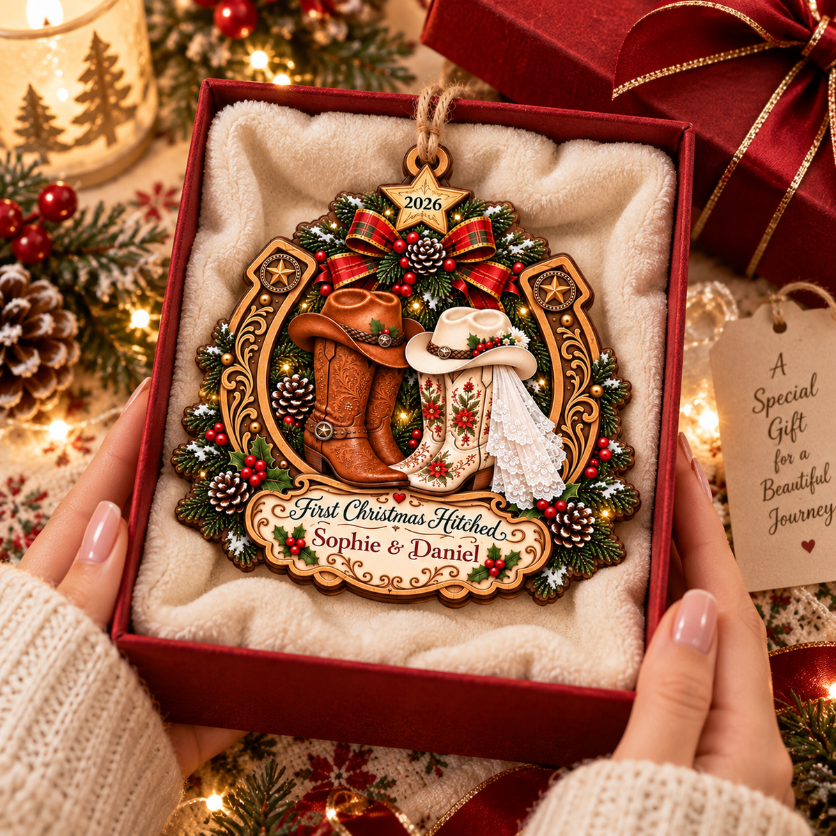 Personalized First Christmas Married Ornament, Western Cowboy Couple Christmas Ornament, Custom Names Newlywed Wedding Gift
