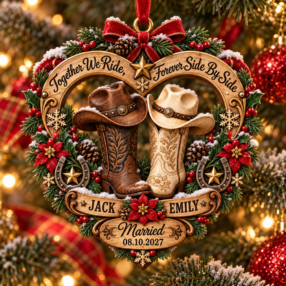 Western Cowboy Boots Married Christmas Ornament, Together We Ride Forever Side By Side