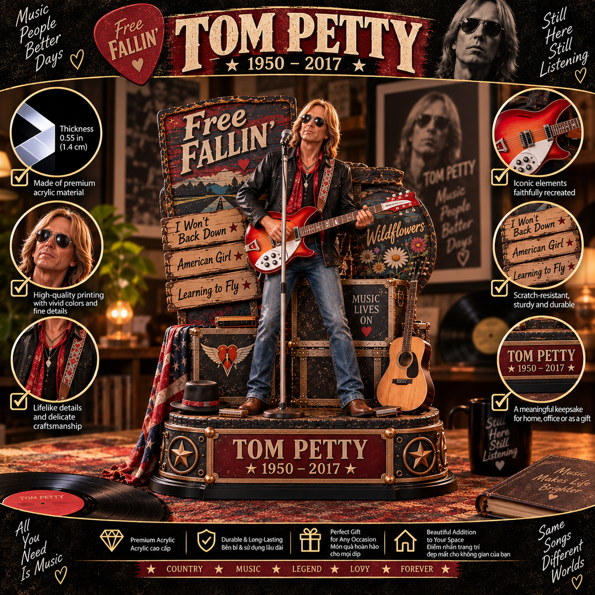 Tom Petty Free Fallin’ – Collectible Acrylic Plaque Table Decor