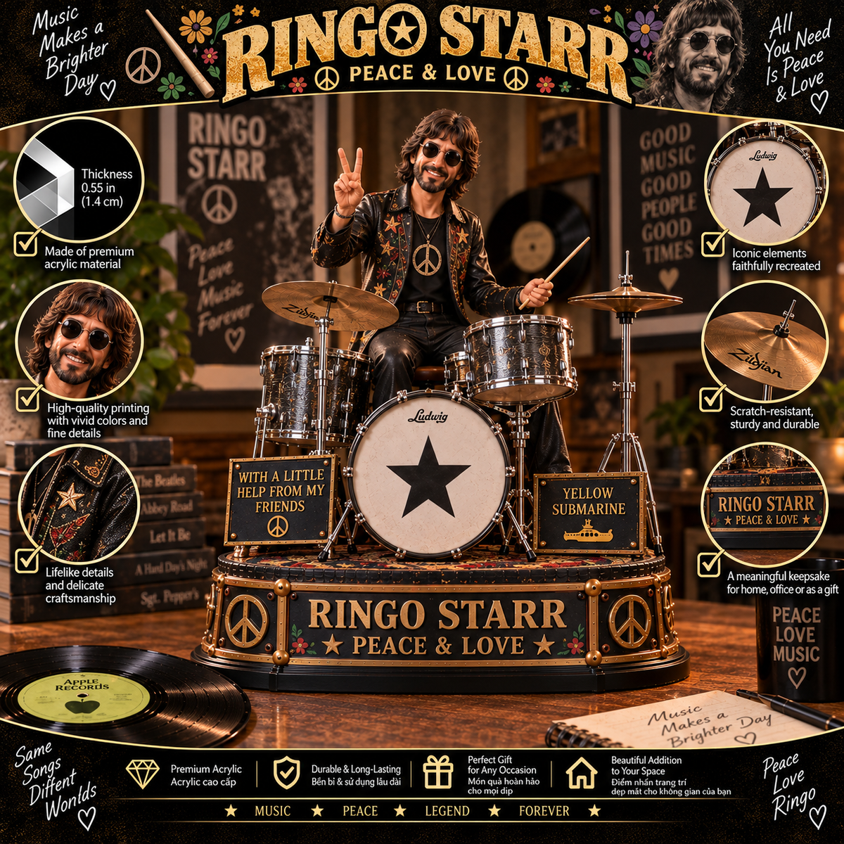 Ringo Starr Peace & Love – Collectible Acrylic Plaque Table Decor