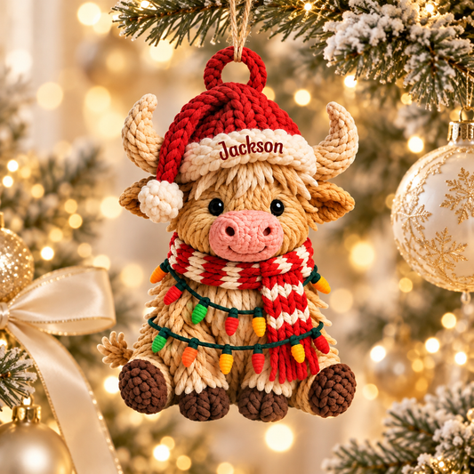 Personalized Highland Cow 2D Flat Ornament, Cow Rearview Mirror Car Accessories, Custom Cow Christmas Ornament