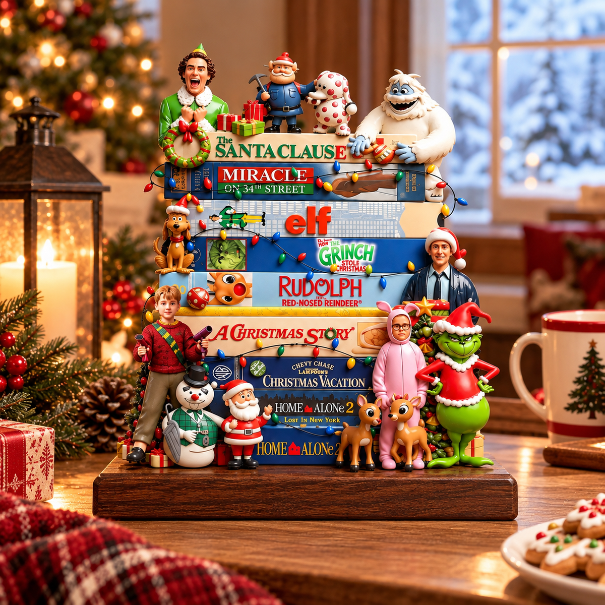 Classic Christmas Movies Collection Stack Wooden Block