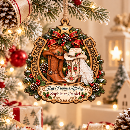 Personalized First Christmas Married Ornament, Western Cowboy Couple Christmas Ornament, Custom Names Newlywed Wedding Gift